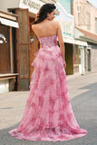 Floral A Line Strapless Korset Gelaagde Blush Prom Dress met Split