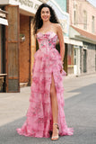 Floral A Line Strapless Korset Gelaagde Blush Prom Dress met Split