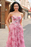 Floral A Line Strapless Korset Gelaagde Blush Prom Dress met Split