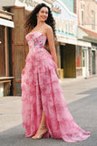 Floral A Line Strapless Korset Gelaagde Blush Prom Dress met Split