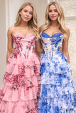 Floral A Line Strapless Korset Gelaagde Blush Prom Dress met Split