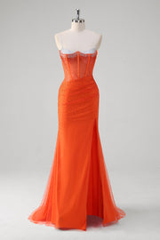 Oranje Spaghetti Bandjes Kralen Korset Zeemeermin Prom Dress