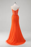 Oranje Spaghetti Bandjes Kralen Korset Zeemeermin Prom Dress