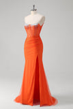 Oranje Spaghetti Bandjes Kralen Korset Zeemeermin Prom Dress