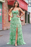 Groene Floral A Line Strapless Ruches Lange Galajurk met Split