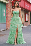 Groene Floral A Line Strapless Ruches Lange Galajurk met Split