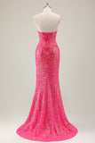 Sprankelende Fuchsia zeemeermin strapless lange galajurk met split