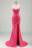 Sprankelende Fuchsia zeemeermin strapless korset pailletten lange galajurk met split