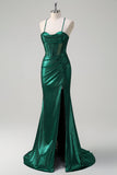 Glitter donkergroene zeemeermin korset Ruched Metallic Prom jurk met split