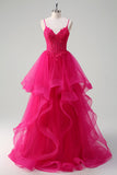 Hete Roze Appliques Korset Spaghetti Bandjes A Line Spiraal Ruches Prom Dress