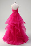 Hete Roze Appliques Korset Spaghetti Bandjes A Line Spiraal Ruches Prom Dress