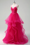 Hete Roze Appliques Korset Spaghetti Bandjes A Line Spiraal Ruches Prom Dress