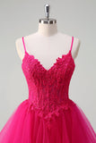 Hete Roze Appliques Korset Spaghetti Bandjes A Line Spiraal Ruches Prom Dress