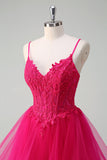 Hete Roze Appliques Korset Spaghetti Bandjes A Line Spiraal Ruches Prom Dress