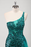 Peacock Groene Zeemeermin One Shoulder Corset Pailletten Lange Galajurk met Split