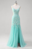 Sparkly Mint Zeemeermin Lace Lange Galajurk met Split