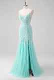 Sparkly Mint Zeemeermin Lace Lange Galajurk met Split