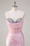 Roze zeemeermin Spaghetti bandjes Corset Prom jurk met split