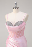 Roze zeemeermin Spaghetti bandjes Corset Prom jurk met split