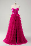 Fuchsia Princess Strapless Uitgesneden Gelaagde Tule Lange Galajurken