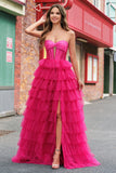 Fuchsia Princess Strapless Uitgesneden Gelaagde Tule Lange Galajurken