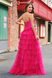 Fuchsia Princess Strapless Uitgesneden Gelaagde Tule Lange Galajurken