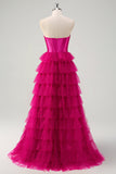 Fuchsia Princess Strapless Uitgesneden Gelaagde Tule Lange Galajurken