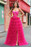 Fuchsia Princess Strapless Uitgesneden Gelaagde Tule Lange Galajurken