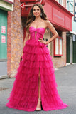 Fuchsia Princess Strapless Uitgesneden Gelaagde Tule Lange Galajurken