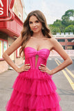 Fuchsia Princess Strapless Uitgesneden Gelaagde Tule Lange Galajurken