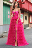 Fuchsia Princess Strapless Uitgesneden Gelaagde Tule Lange Galajurken