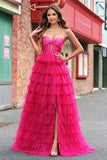 Fuchsia Princess Strapless Uitgesneden Gelaagde Tule Lange Galajurken