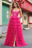 Fuchsia Princess Strapless Uitgesneden Gelaagde Tule Lange Galajurken