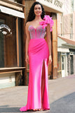 Zeemeermin Fuchsia One Shoulder verwijderbare ruches Lange Galajurk met Split