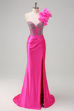 Zeemeermin Fuchsia One Shoulder verwijderbare ruches Lange Galajurk met Split