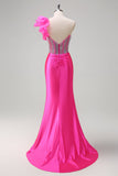 Zeemeermin Fuchsia One Shoulder verwijderbare ruches Lange Galajurk met Split