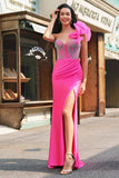 Zeemeermin Fuchsia One Shoulder verwijderbare ruches Lange Galajurk met Split