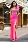 Zeemeermin Fuchsia One Shoulder verwijderbare ruches Lange Galajurk met Split