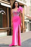 Zeemeermin Fuchsia One Shoulder verwijderbare ruches Lange Galajurk met Split