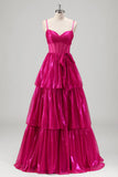 Sprankelende A Line Fuchsia Corset Gelaagde Spaghetti Bandjes Metallic Prom Dress