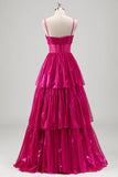 Sprankelende A Line Fuchsia Corset Gelaagde Spaghetti Bandjes Metallic Prom Dress