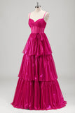 Sprankelende A Line Fuchsia Corset Gelaagde Spaghetti Bandjes Metallic Prom Dress