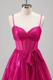 Sprankelende A Line Fuchsia Corset Gelaagde Spaghetti Bandjes Metallic Prom Dress