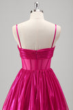 Sprankelende A Line Fuchsia Corset Gelaagde Spaghetti Bandjes Metallic Prom Dress