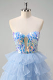 Blauwe A-lijn Sweetheart Keyhole Corset Gelaagde Spiegels Ruche Lange Prom Jurk