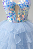 Blauwe A-lijn Sweetheart Keyhole Corset Gelaagde Spiegels Ruche Lange Prom Jurk