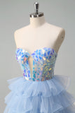 Blauwe A-lijn Sweetheart Keyhole Corset Gelaagde Spiegels Ruche Lange Prom Jurk