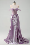 Licht Paars Off The Shoulder Watteau Train Zeemeermin Korset Metallic Prom Dress