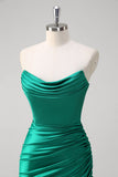 Groene zeemeermin strapless satijnen ruches lange galajurk met split