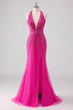 Fuchsia zeemeermin halter open rug kralen lange galajurk met split